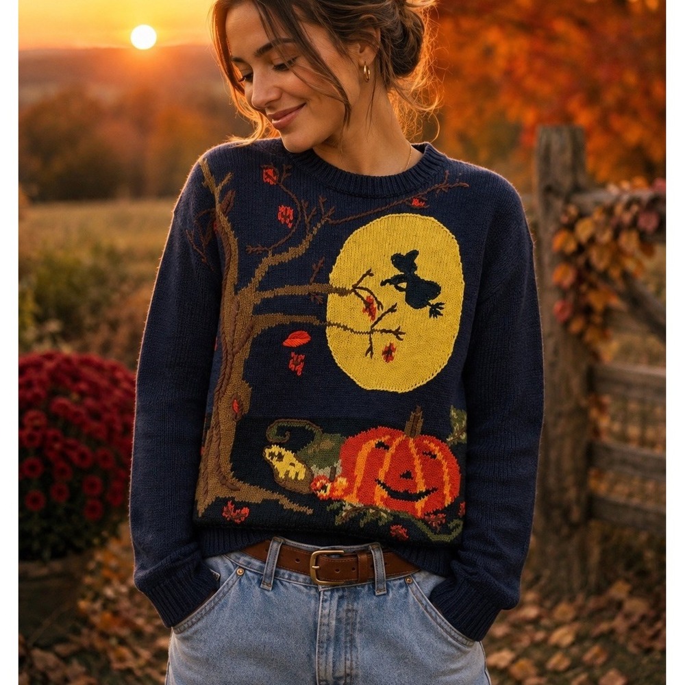 Vintage Lauren Hansen Chunky Knit Halloween Ghost Moonlight Sweater Size Medium